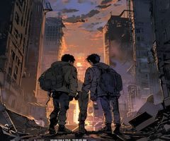 新上线耽美漫画《末日同行》封面，末世科幻风格，两位男主角在废墟城市中背靠背守护彼此，画面震撼悲壮感人