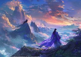 玄幻耽美漫画封面，仙侠风格男主角在云雾缭绕的山峰上眺望，画面磅礴大气充满奇幻色彩