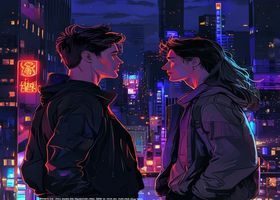 现代都市耽美漫画封面，两位帅气男生在城市夜景霓虹灯下相遇，画面时尚感十足充满浪漫气息