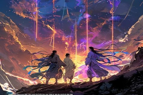 耽美漫画《仙途共渡》内页场景，玄幻修仙背景中两位男修士在雷劫中并肩而立，画面震撼热血光效绚烂
