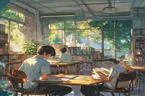 耽美漫画《同桌的你》内页场景，校园教室阳光午后两位男生互相看书，画面青涩甜蜜充满青春气息