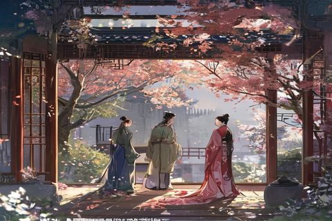 耽美漫画《山河故人》内页场景，古风宫廷背景中两位男主角在落樱飞舞的庭院里深情对视，画面唯美精致色彩温柔