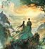 耽美漫画《山河故人》封面,古风仙侠风格,两位男主角在山河大地间相依,画面壮阔情深